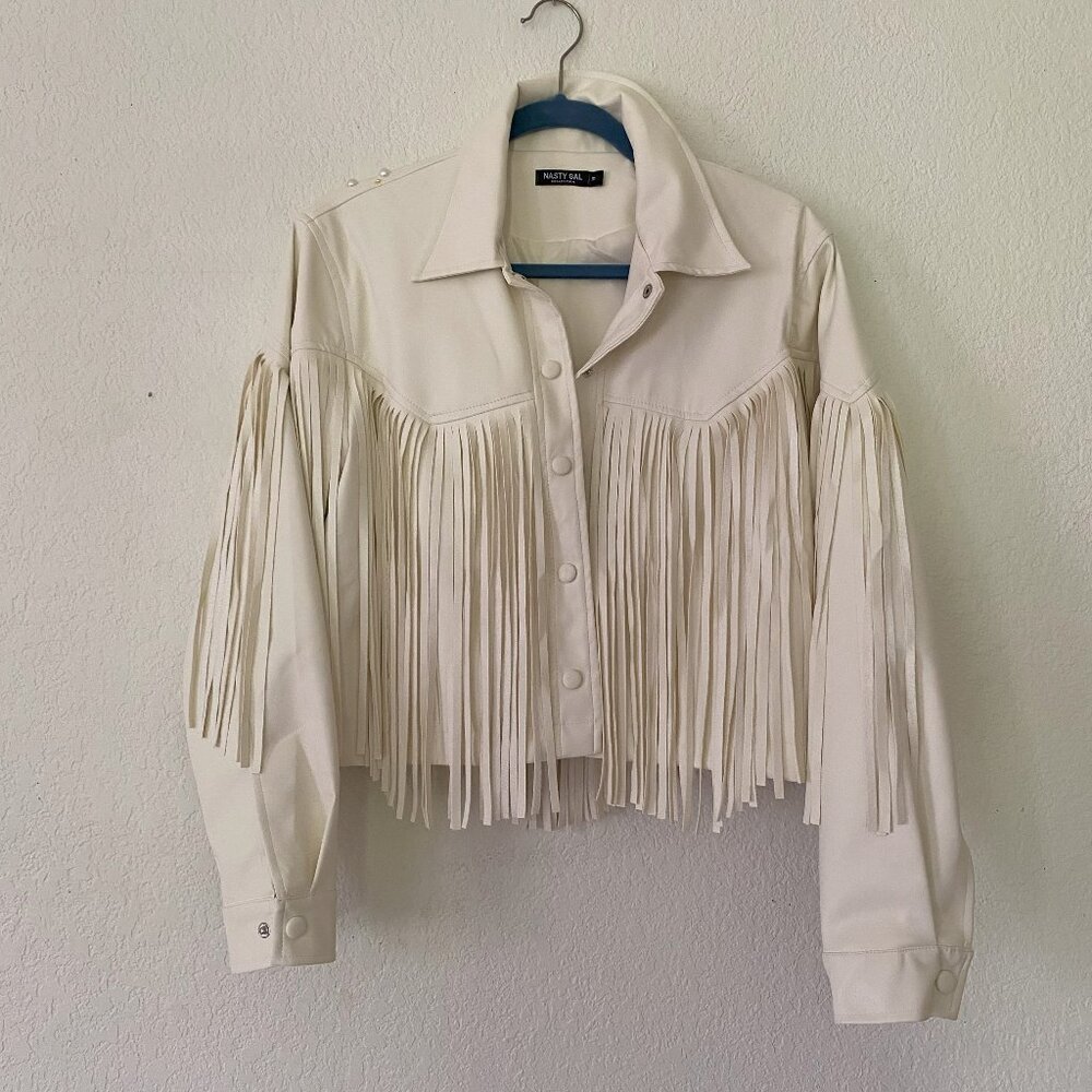 White Faux Leather Western Fringe Jacket with Pearls - great for brides!